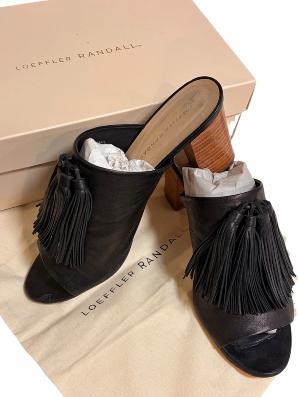 LOEFFLER RANDALL Cleo Black Tassel Leather Block Heel Sandal Mules + Box - Picture 8 of 16